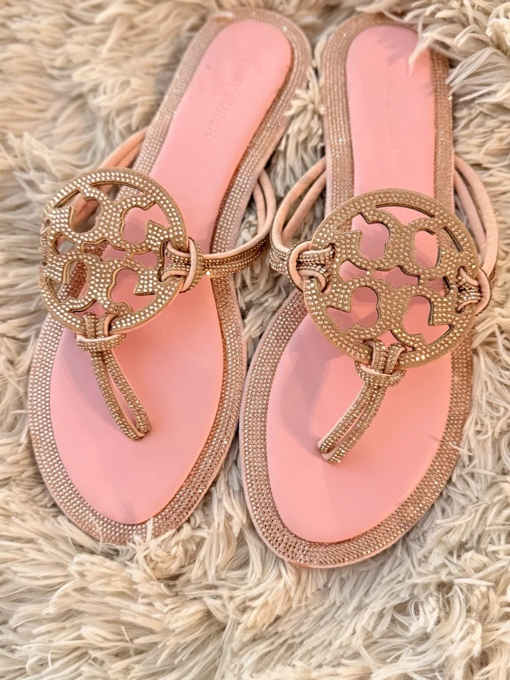 Tory Burch Pink Metallic beaded Logo Thong Sandals never worn